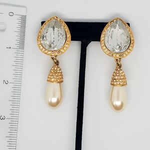Large Teardrop and Pearl Sparkly Clip-on Earrings